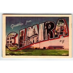 Greetings From Elmira New York 1940's Large Big Letter Linen Postcard NY Dexter